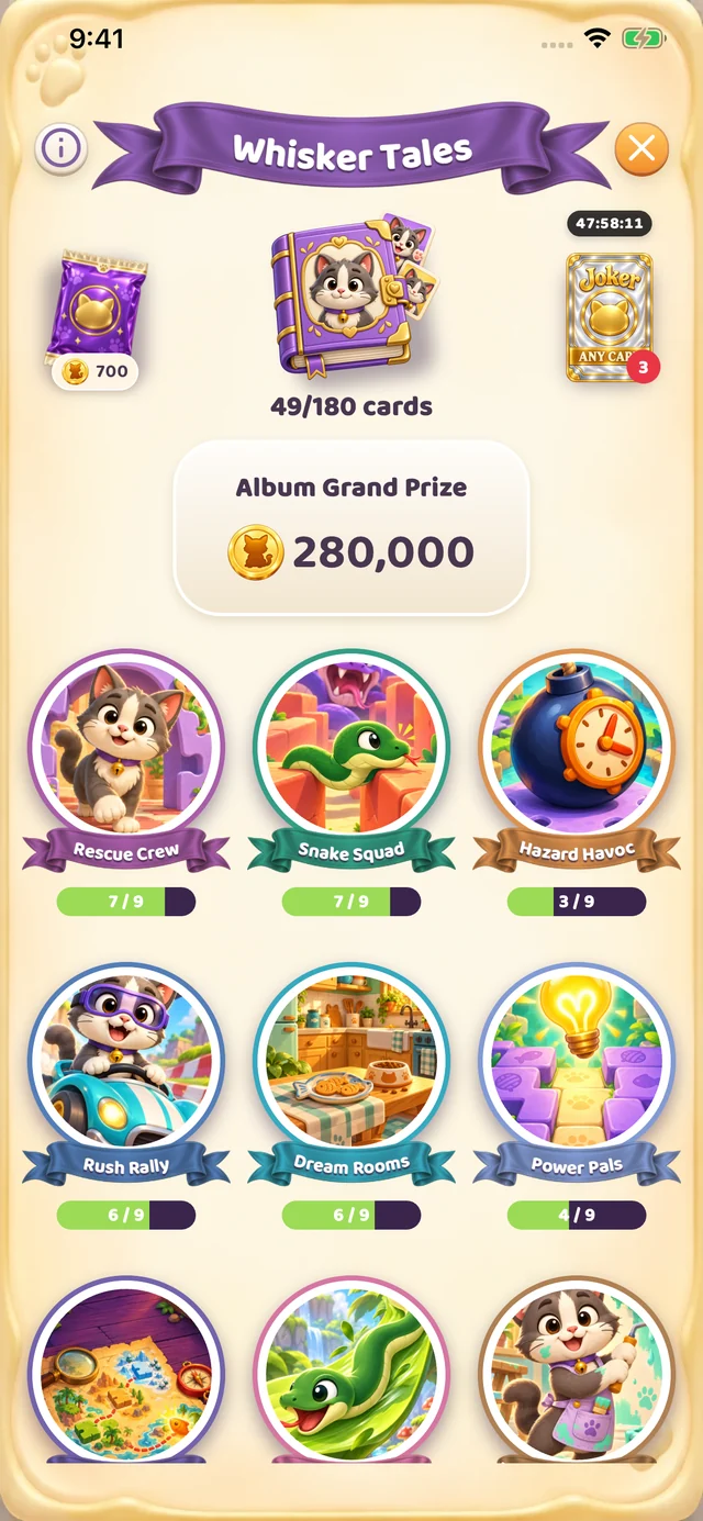 Whisker Tales card album with illustrated themed sets