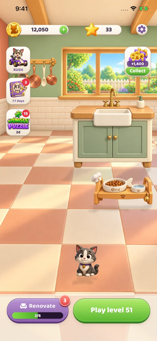 Cat Home Honey Kitchen with the gray-and-white cat and Renovate button