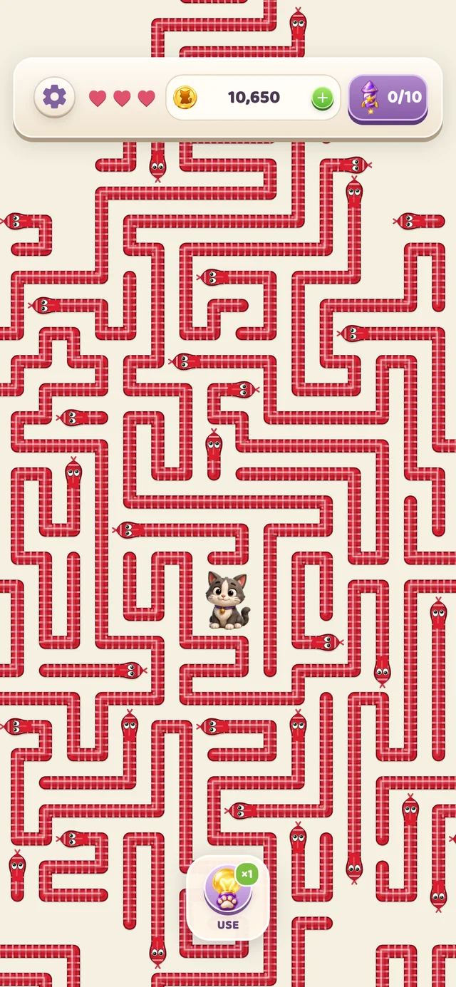 Real snake puzzle with winding red snakes and the cat in the center